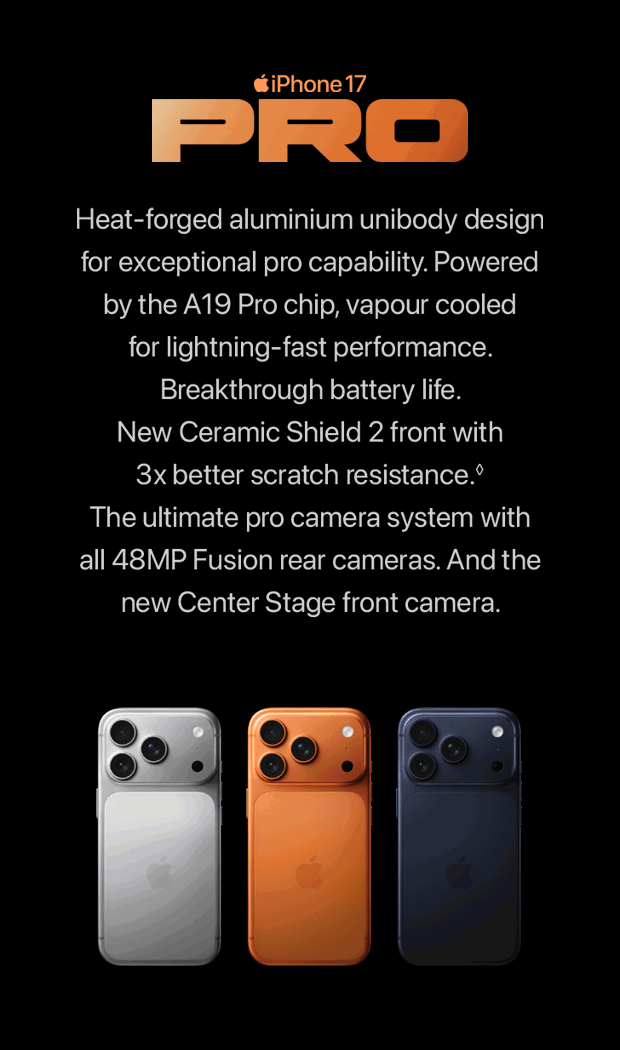 Silver, orange and navy iPhone 17 Pro phones 