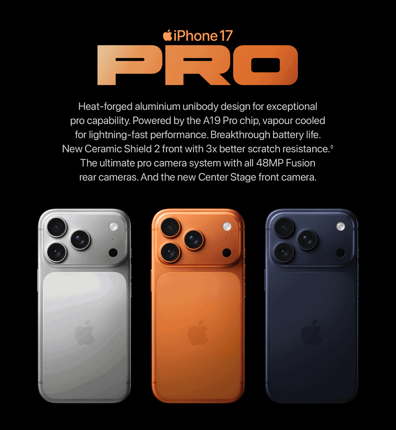 Silver, orange and navy iPhone 17 Pro phones 