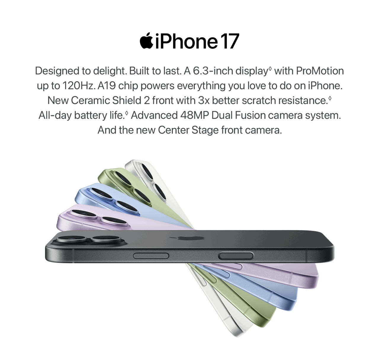 A series of iPhone 17 phones cascading in different colours 