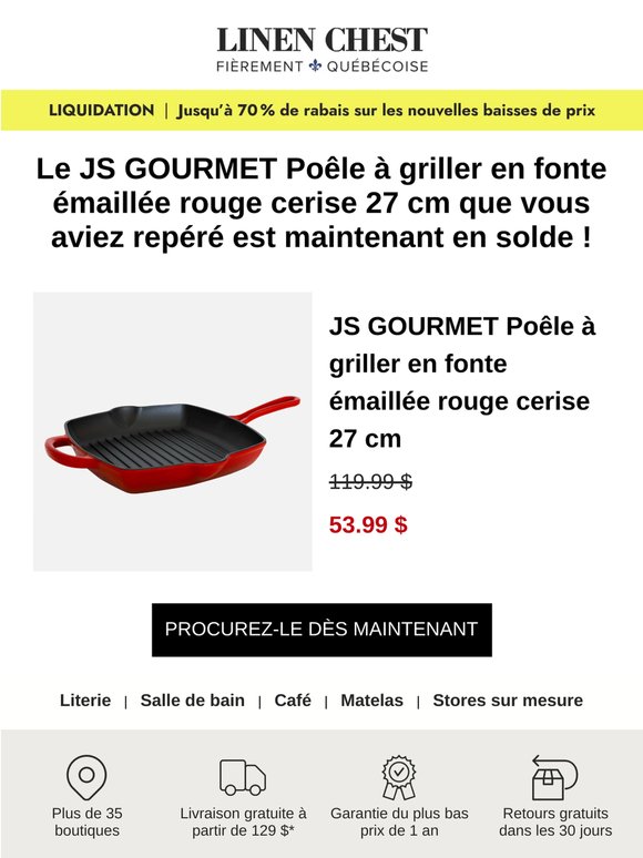 🏷️En solde : JS GOURMET Poêle à griller en fonte émaillée rouge cerise 27 cm