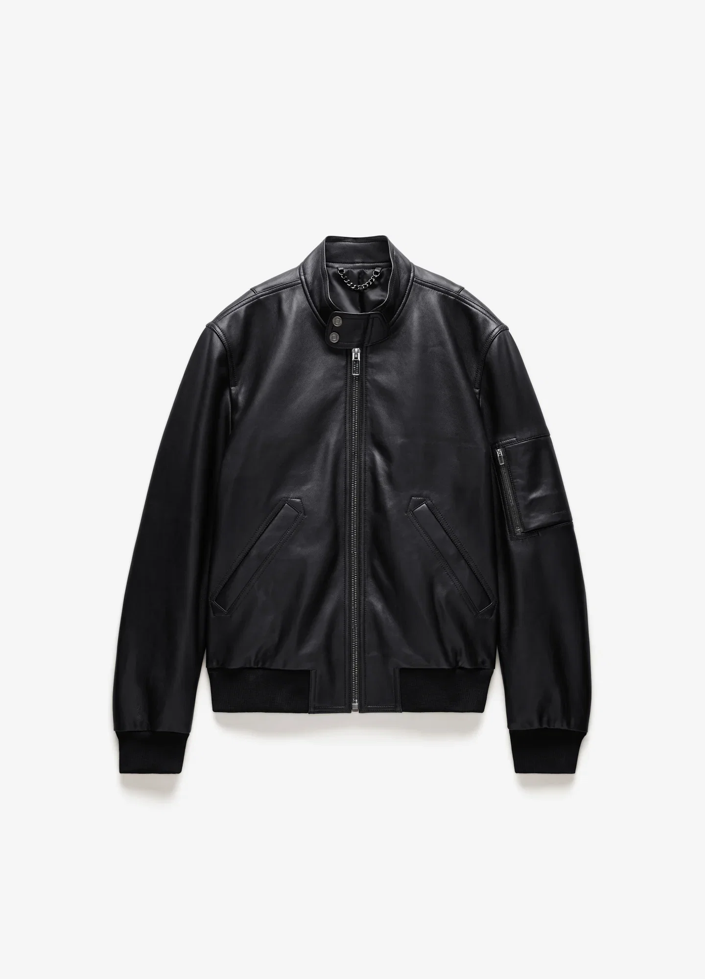 Image of Stand Collar Leather Bomber Jacket Black