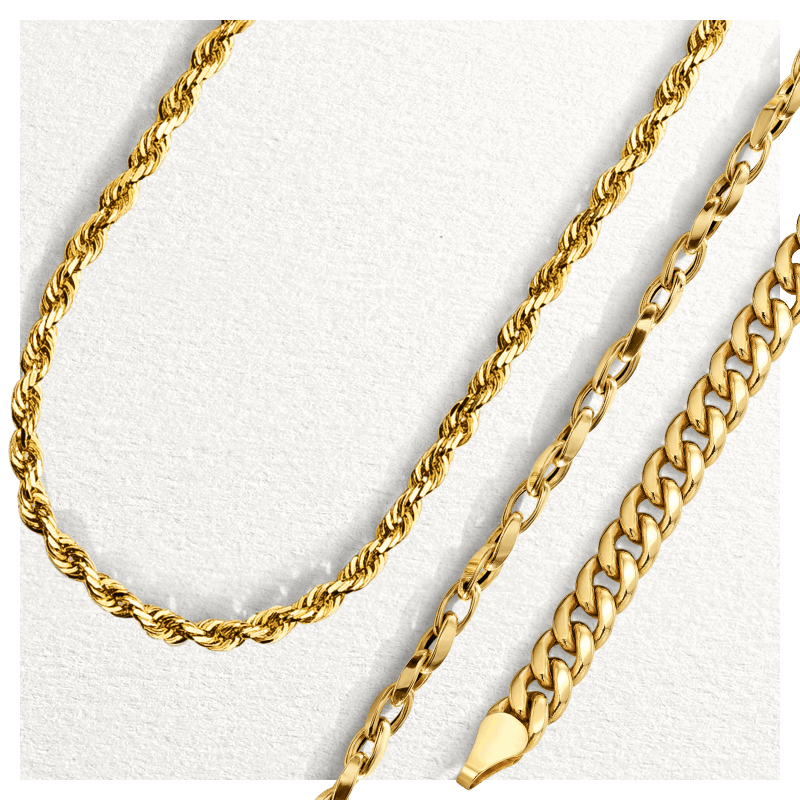 Yellow gold chains, including a rope chain necklace and classic chain bracelets.