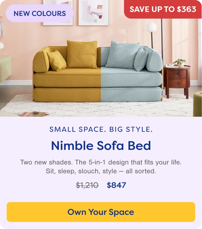 Small Space. Big Style. Nimble Sofa Bed. Own Your Space.