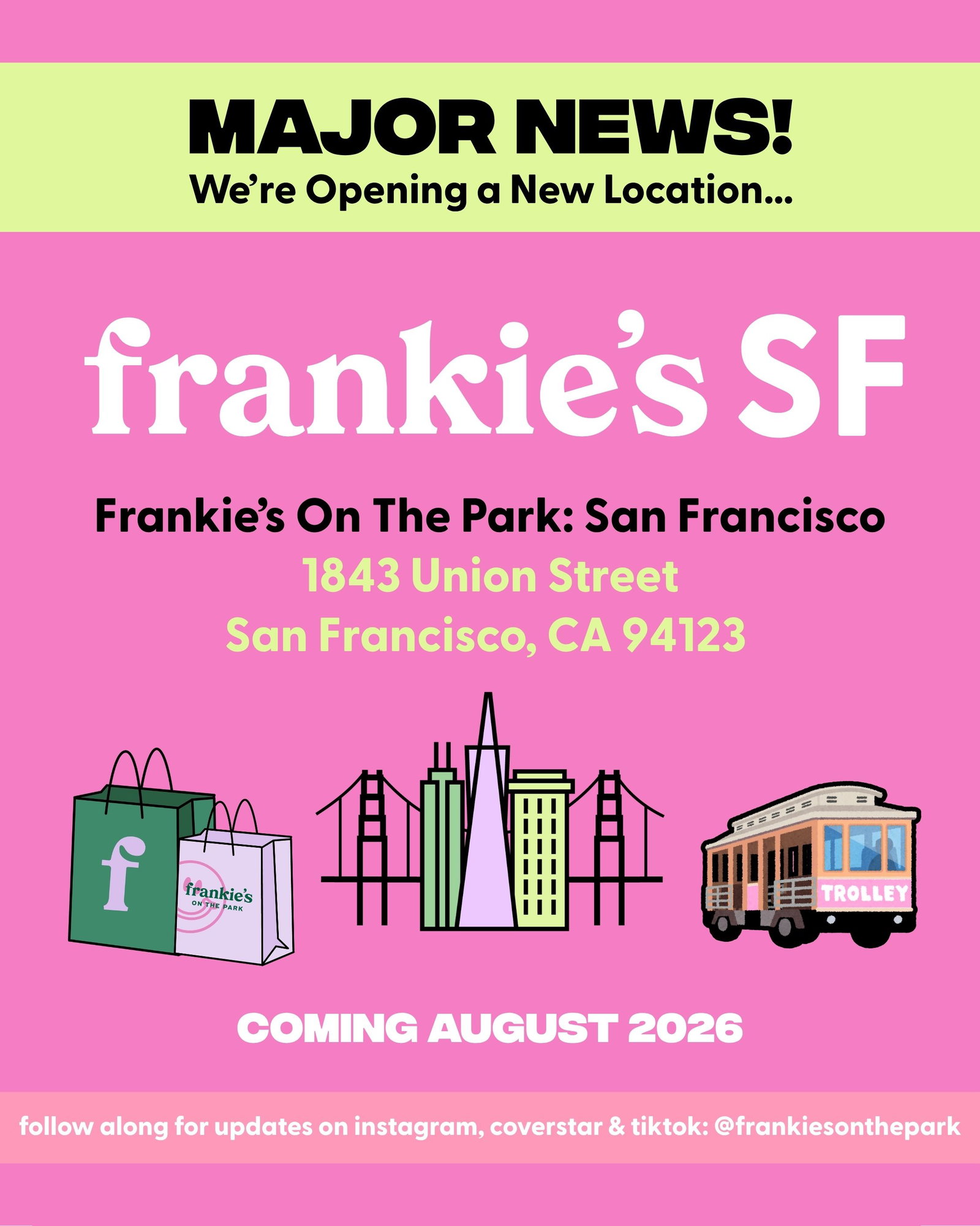 Major news we're opening a new location... Frankie's SF Frankie's on the Park San Francisco