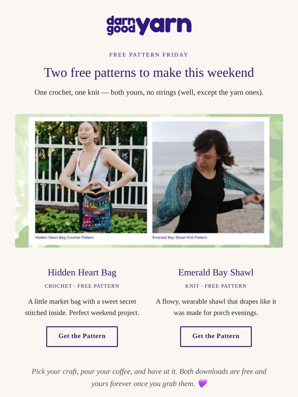 Two free patterns + last weekend for the Peacock ($59)