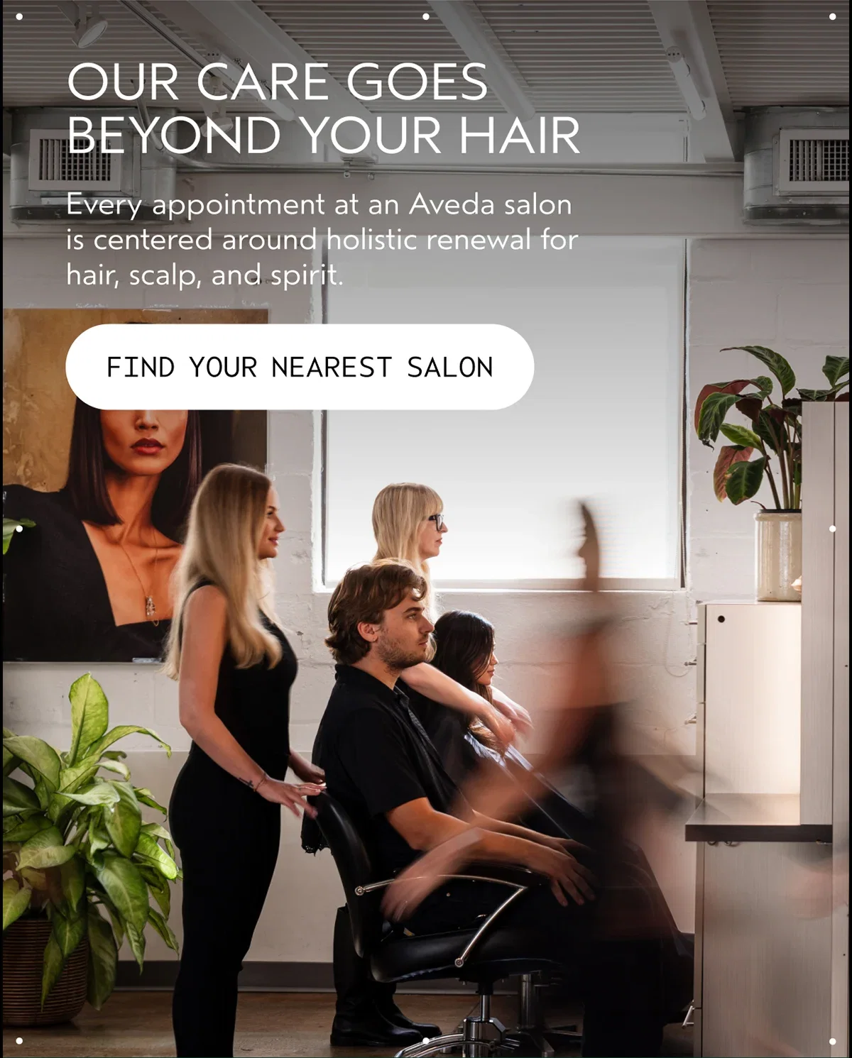 OUR CARE GOES BEYOND YOUR HAIR | Every appointment at an Aveda salon is centered around holistic renewal for hair, scalp, and spirit. | FIND YOUR NEAREST SALON