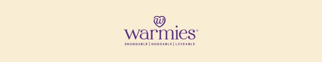 Warmies logo on yellow. Shop Warmies.