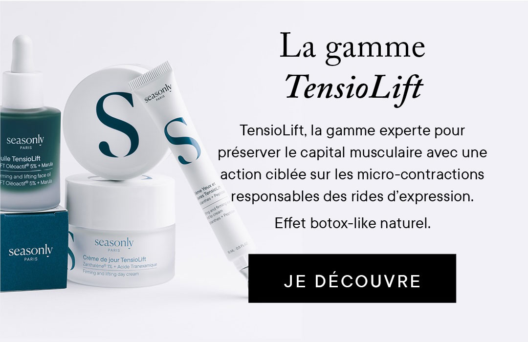La gamme TensioLift : TensioLift, la gamme experte pour préserver le capital musculaire avec une action ciblée sur les micro-contractions responsables des rides d’expression. Effet botox-like naturel.