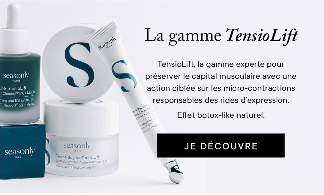 La gamme TensioLift : TensioLift, la gamme experte pour préserver le capital musculaire avec une action ciblée sur les micro-contractions responsables des rides d’expression. Effet botox-like naturel.