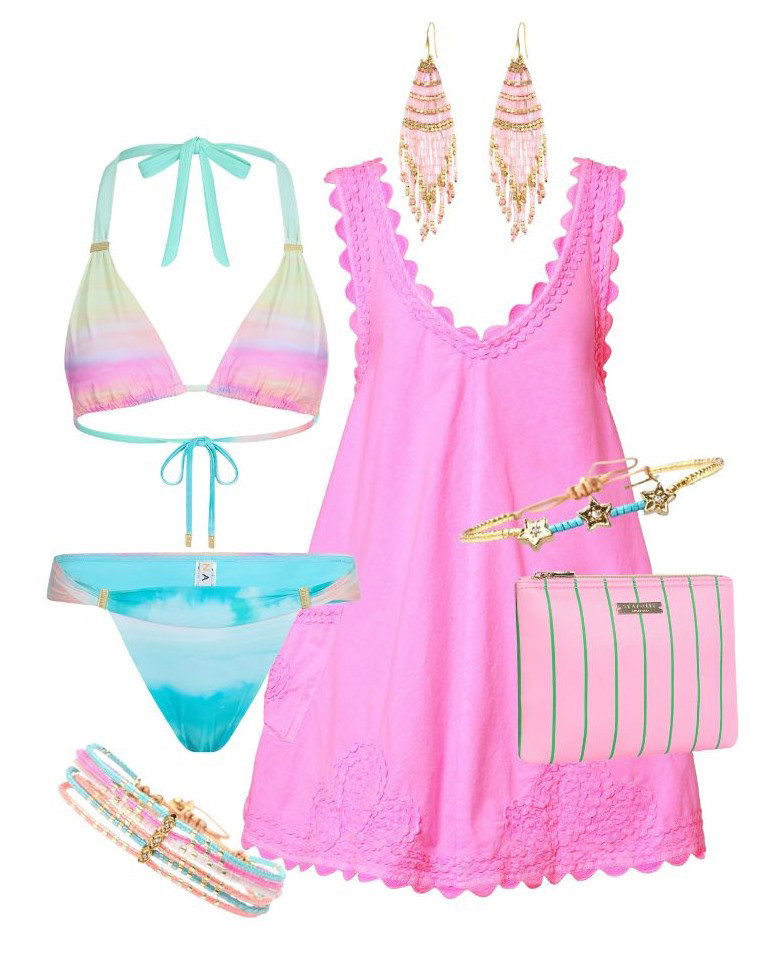A pink dress, bikini, earrings, and accessories are laid out.
