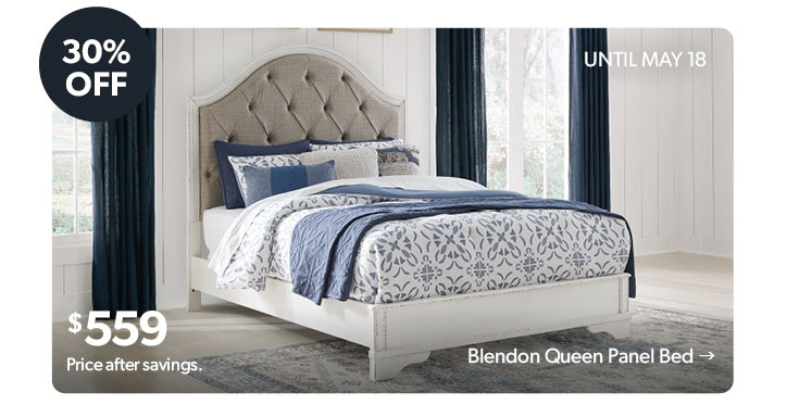 30 percent OFF. Until May 18. 559 dollars. Price after savings. Click to shop the Blendon Queen Panel Bed