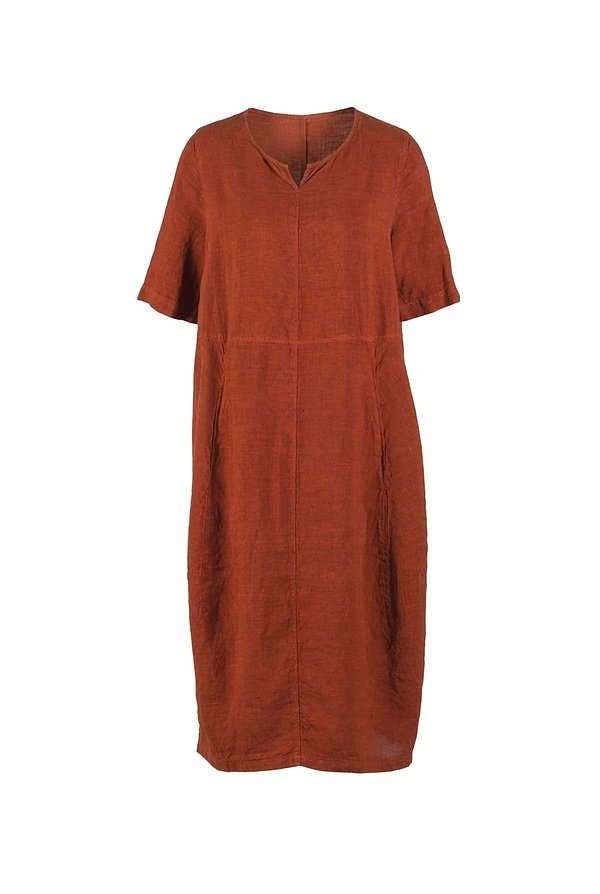 This feminine dress, crafted from breathable linen with fine stripes, falls in a flowing, rounded silhouette to just below the knee. The A-line shape with flattering shoulders is accentuated by slanted seams that incorporate practical pockets. The dress features short sleeves and a summery round neckline with a small slit.