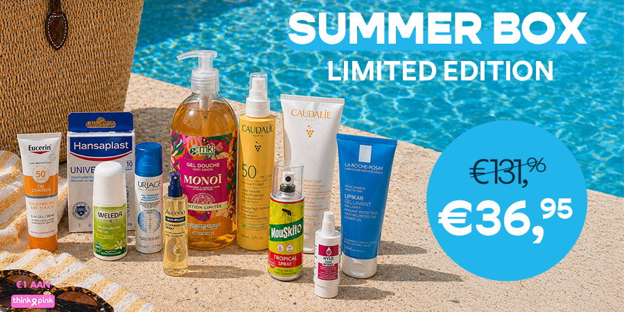 Limited edition Summer Box of sunscreens, shower gel, insect spray and skincare arranged poolside with €36,95 price tag