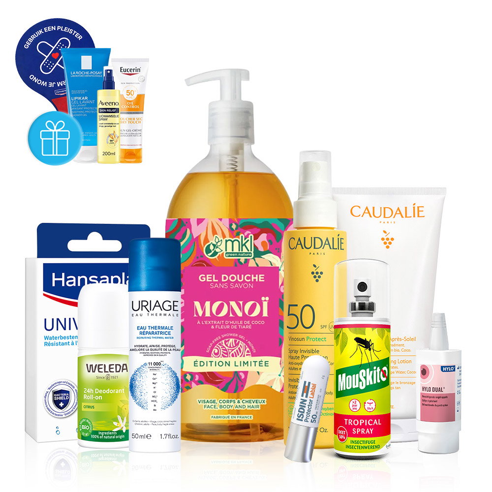 Assorted skincare and sun-care products including Monoi shower gel, Caudalie SPF50 sunscreen, deodorant and insect spray