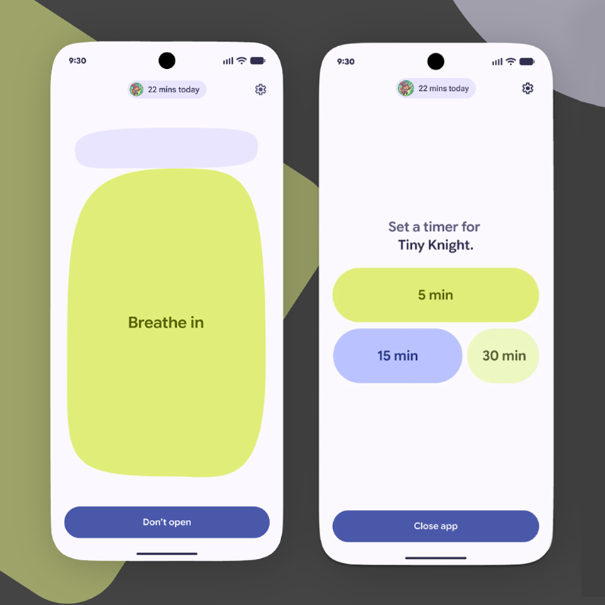 Side-by-side screenshots of a 'Breathe in' exercise and a 'Tiny Knight' timer selection menu.