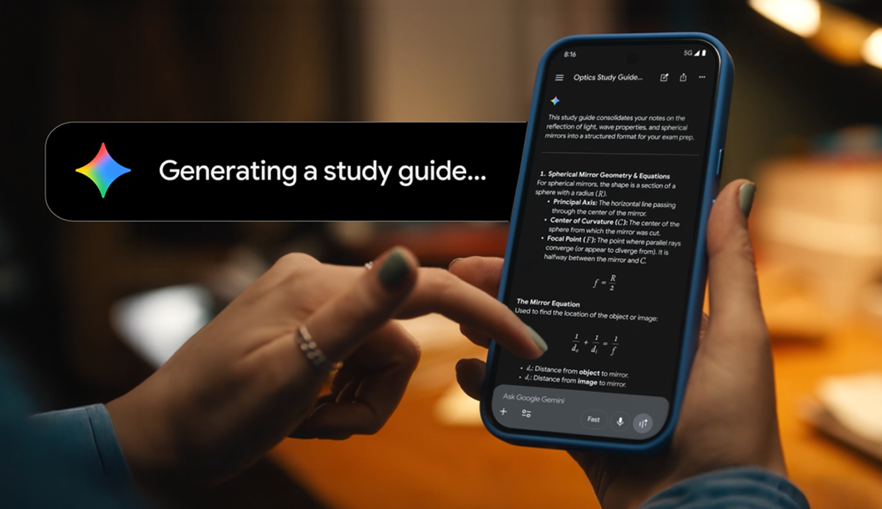Hands holding a smartphone generating an AI optics study guide with physics formulas.
