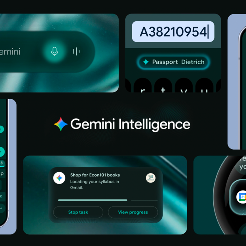 Gemini Intelligence UI collage showing voice input, data autofill, and app integration features.