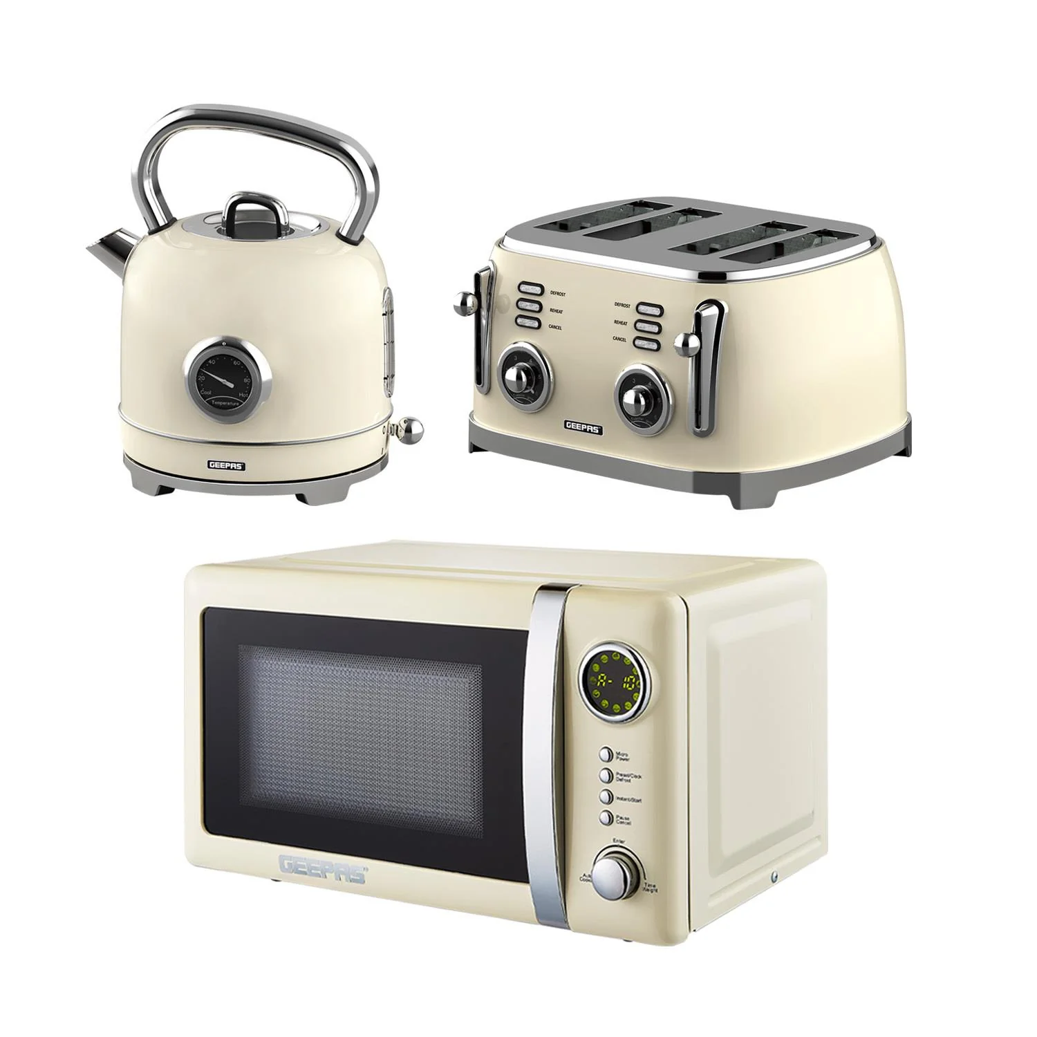 Image of Retrovive Cream 1.8L Kettle, 4-Slice Bread Toaster & 20L Microwave Oven