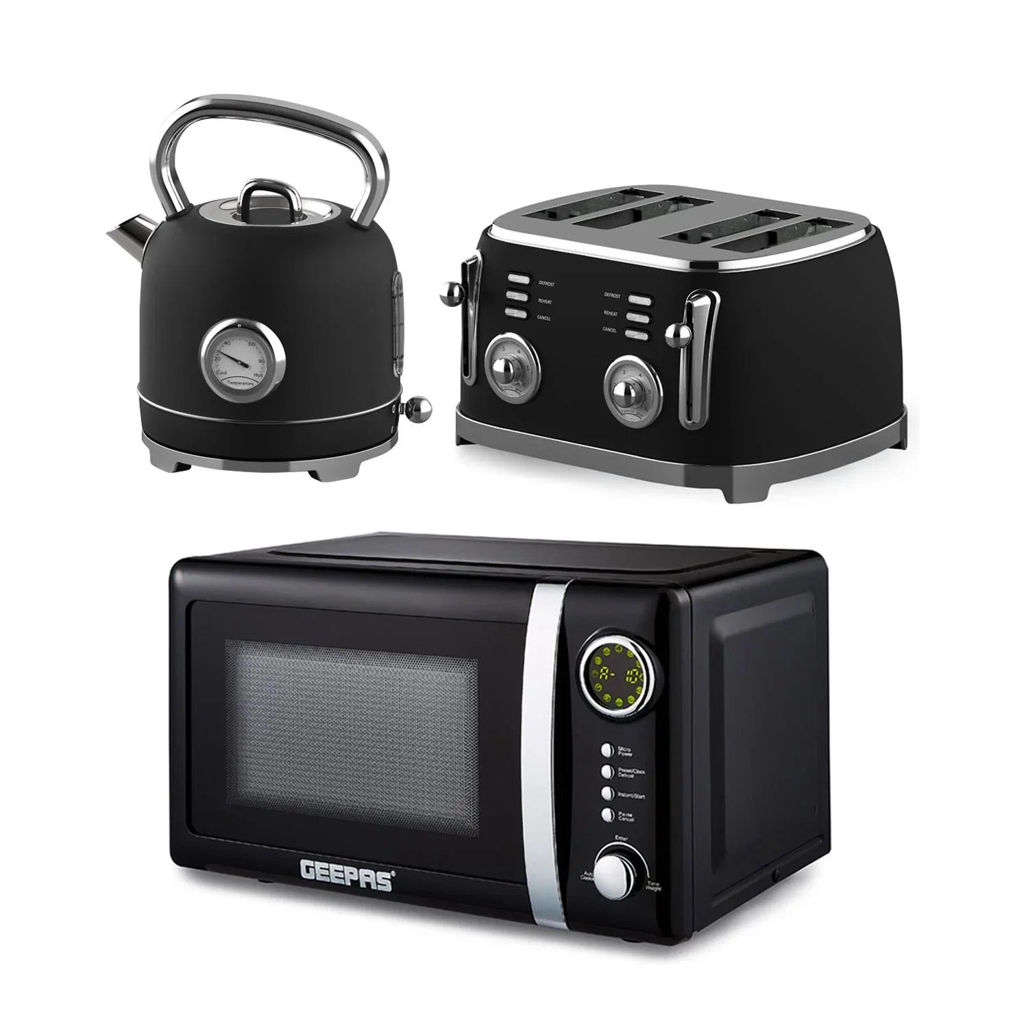 Image of Black Retrovive 1.8L Kettle, 4-Slice Bread Toaster & 20L Digital Microwave