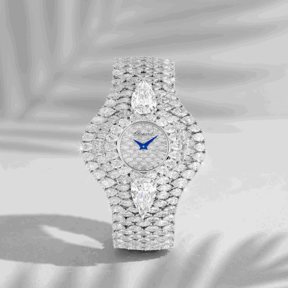 Ladies’ watch crafted in Ethical white gold set with over 46 carats of brilliant, marquise, and pear-shaped diamonds – including two 3-carat pear-shaped diamonds framing the dial. 