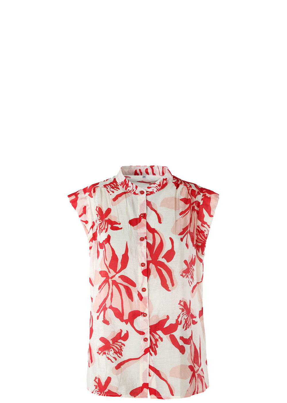 White sleeveless women's button-up blouse with red floral print and mandarin collar