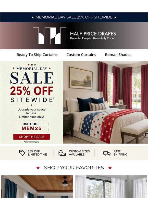 Memorial Day Sale: 25% Off Sitewide