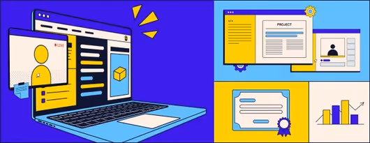 Illustration of a laptop with coding interface, project dashboard, certificate badge, and growth chart icons