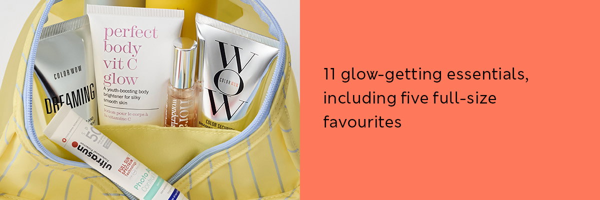 Close up of the contents of the M&S Summer Beauty Bag. 11 glow-getting essentials, including five full-size favourites