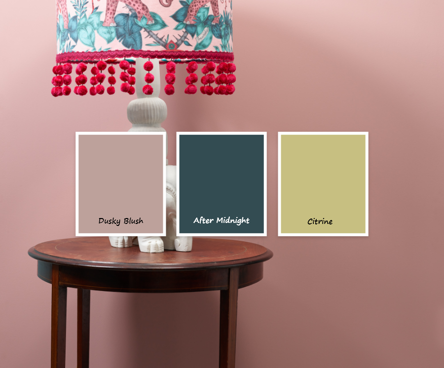 an image of a wall painted in Frenchic Dusky Blush and three paint swatches
