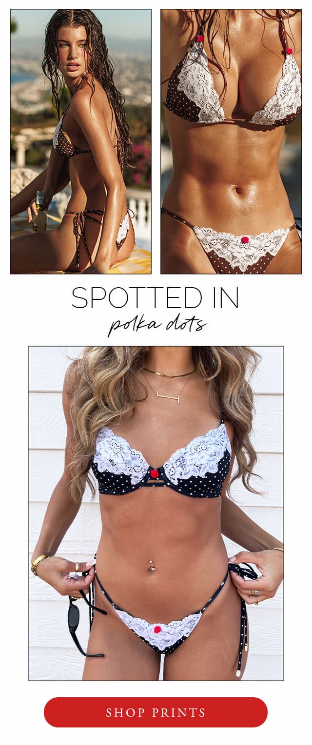 Brown and black polka dot bikinis with lace detailing. 