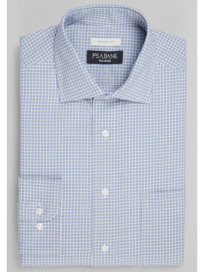 Traveler® Collection Tailored Fit Spread Collar Small Check Dress Shirt CLEARANCE