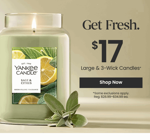 Text offers Yankee Candle for 17 dollars. Image of sage and citrus candle. Shop Now button below.