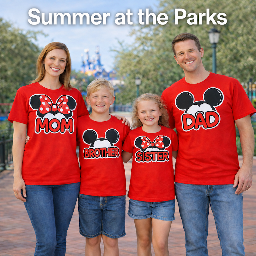 Summer at the Parks! A family wearing matching family mouse shirts 