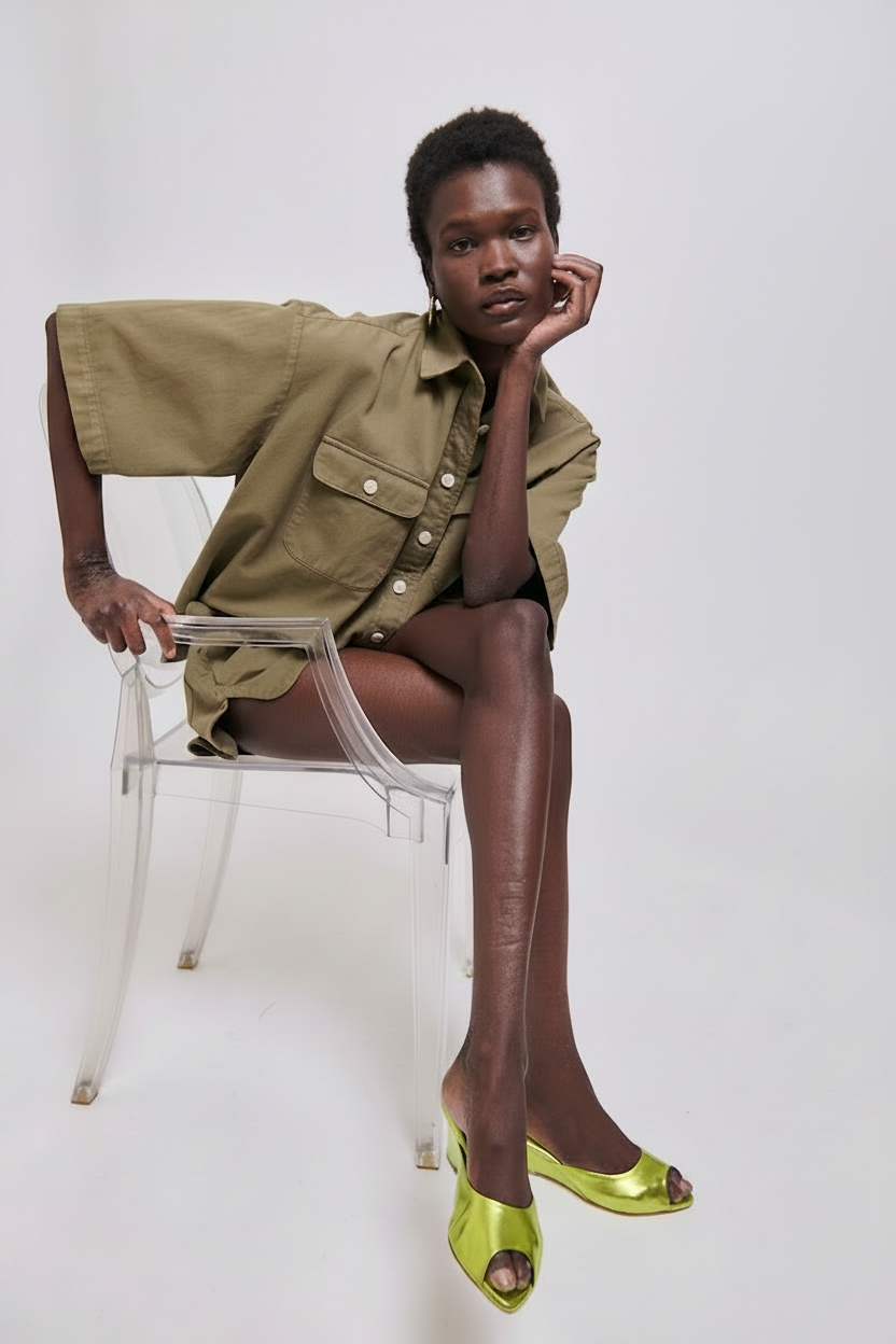 Woman in olive green shirt and shorts sits on a clear chair wearing lime green mules.