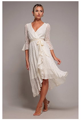 Chiffon Geo-Wave Front Frill Wrap Midi Dress