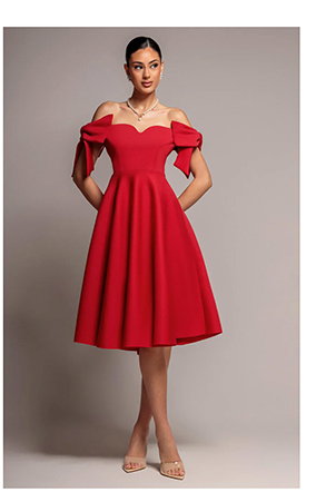  Bardot Plunge Neck Bow Sleeve A Line Midi Dress