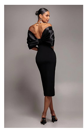 Off Shoulder Back Satin Bow Wrap Crepe Midi Dress