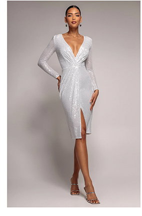 Sequined Lurex Long Sleeve Wrap Midi Dress