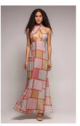 Halter Neck Printed Maxi Dress - Coral by Goddiva