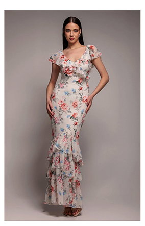 Floral Printed Chiffon Ruffle Maxi