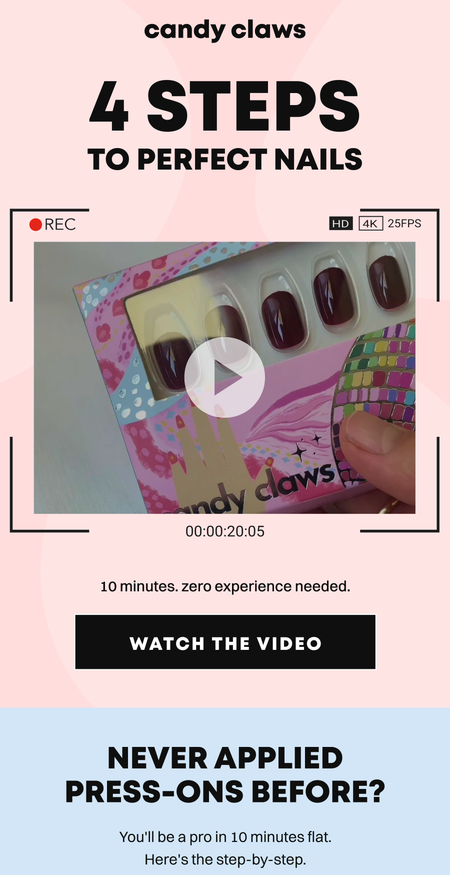 Candy Claws press-on nails tutorial showing dark burgundy nails in packaging with video play button