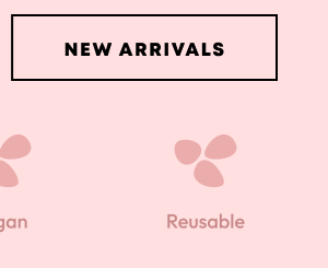 Button labeled “Latest Arrivals” next to minimal icons with descriptors like "Vegan" and "Reusable."