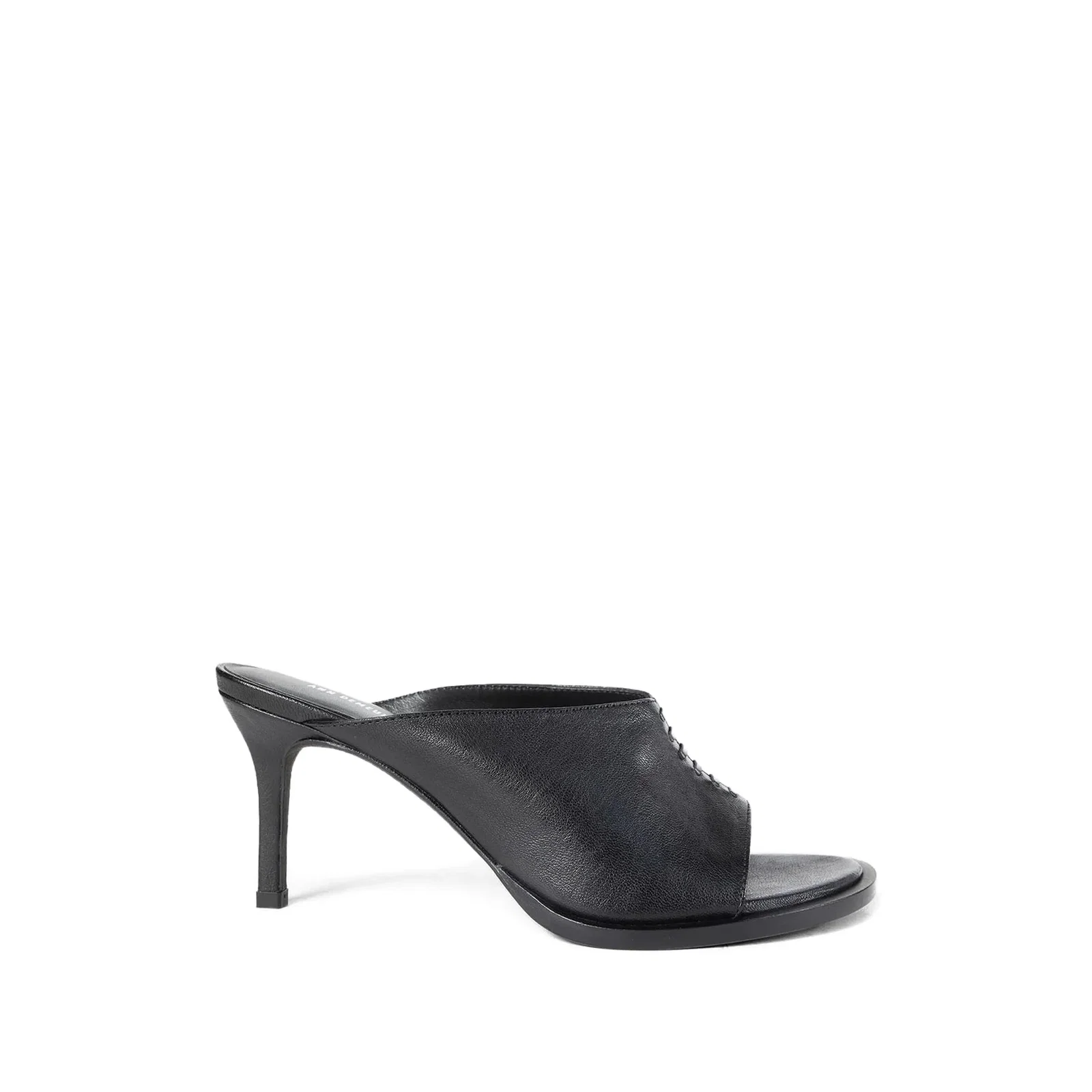 Black leather open-toe mule sandal with mid stiletto heel, side view on white background, women's dress shoe