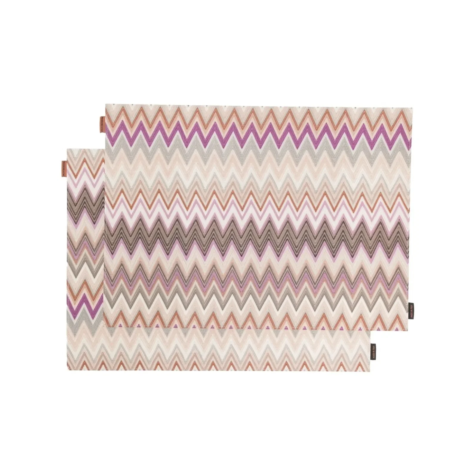 Pair of rectangular placemats with chevron zigzag pattern in pink, purple, beige and brown colours