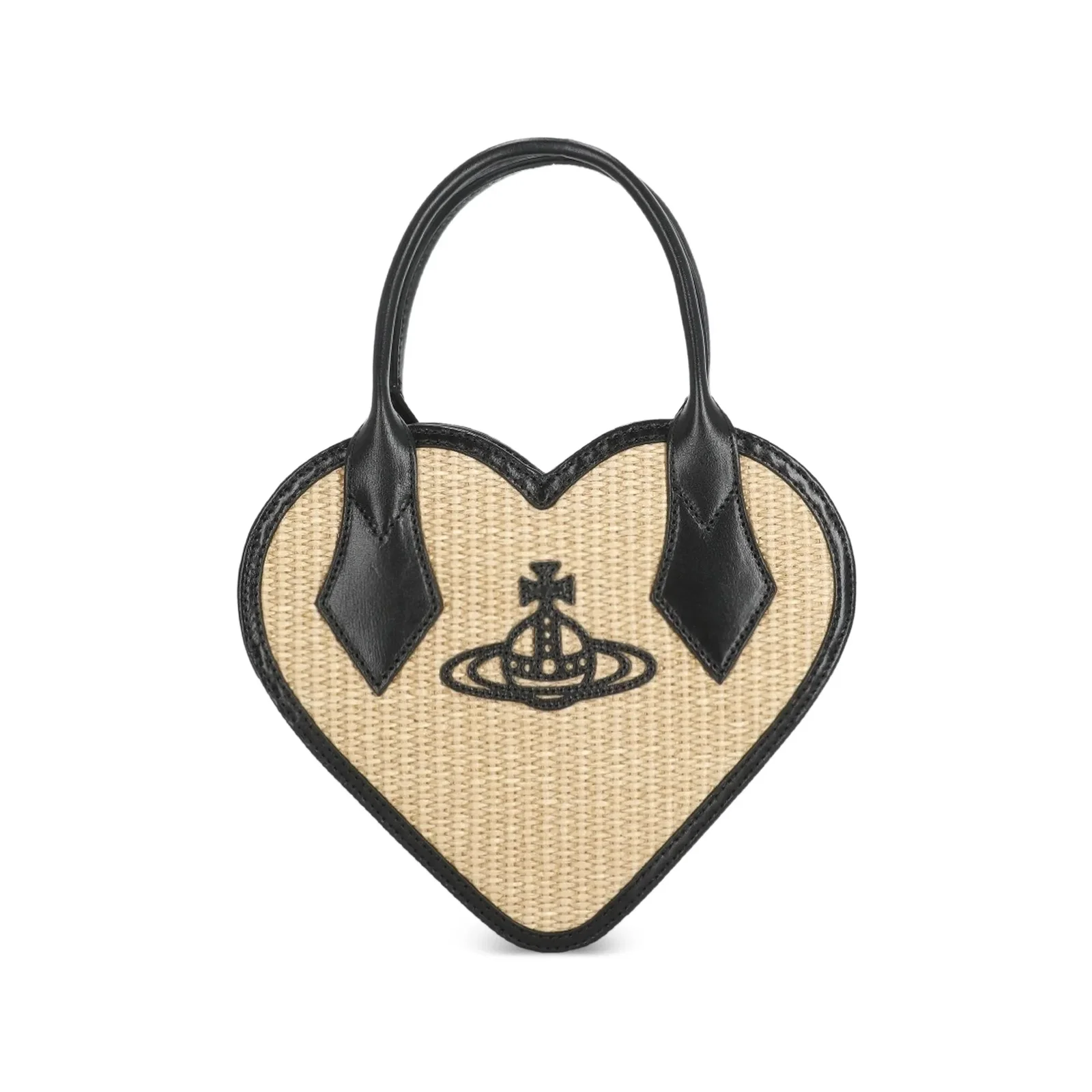Heart-shaped woven straw tote bag with black leather trim, handles and embroidered orb logo