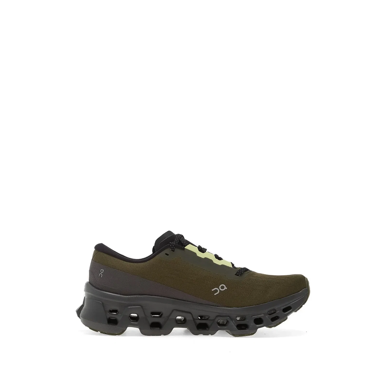 Olive green and black On Cloud running shoe, side view showing breathable knit upper and hollow cushioned sole