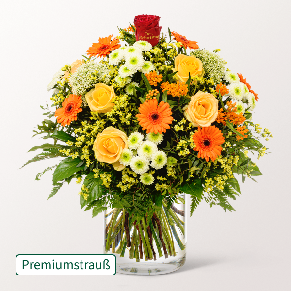 Mit einzigartiger Golddruck-Rose: Premiumstrauß „Zum Geburtstag“ mit Gratis-Vase für 67,99 €