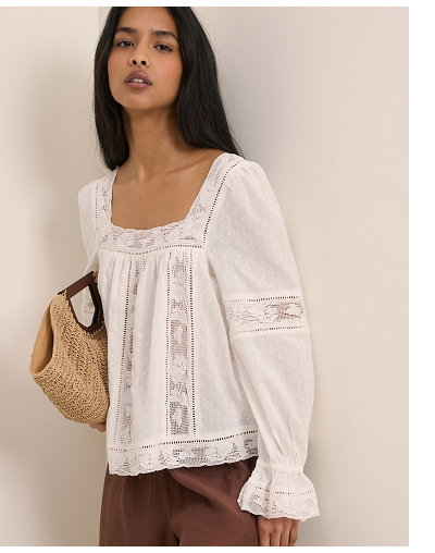 White Lace Trim Long Sleeve Blouse