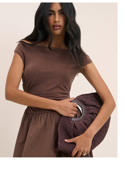 Brown Draped Off Shoulder Beth Midi Dress