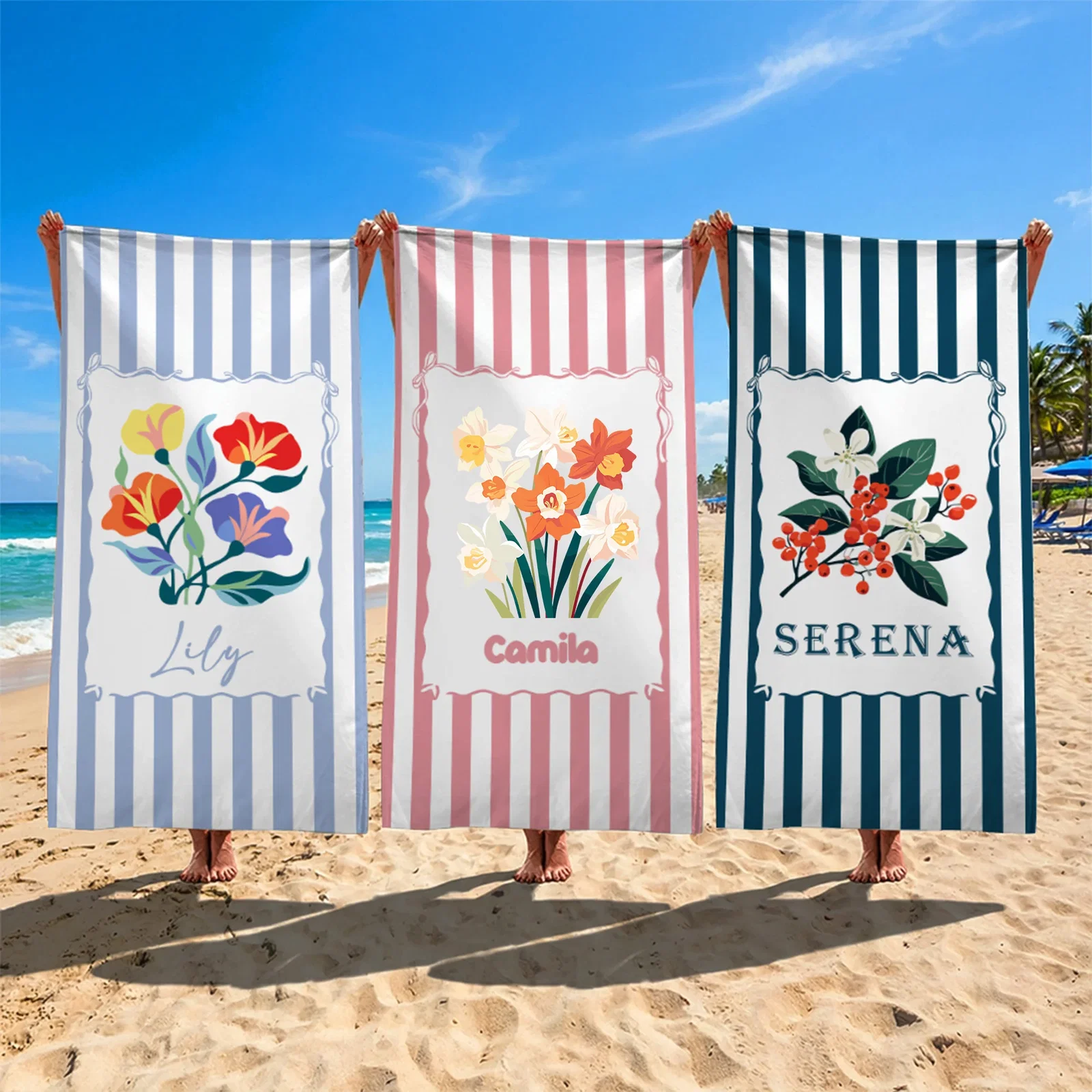 Flower Striped Beach Towel